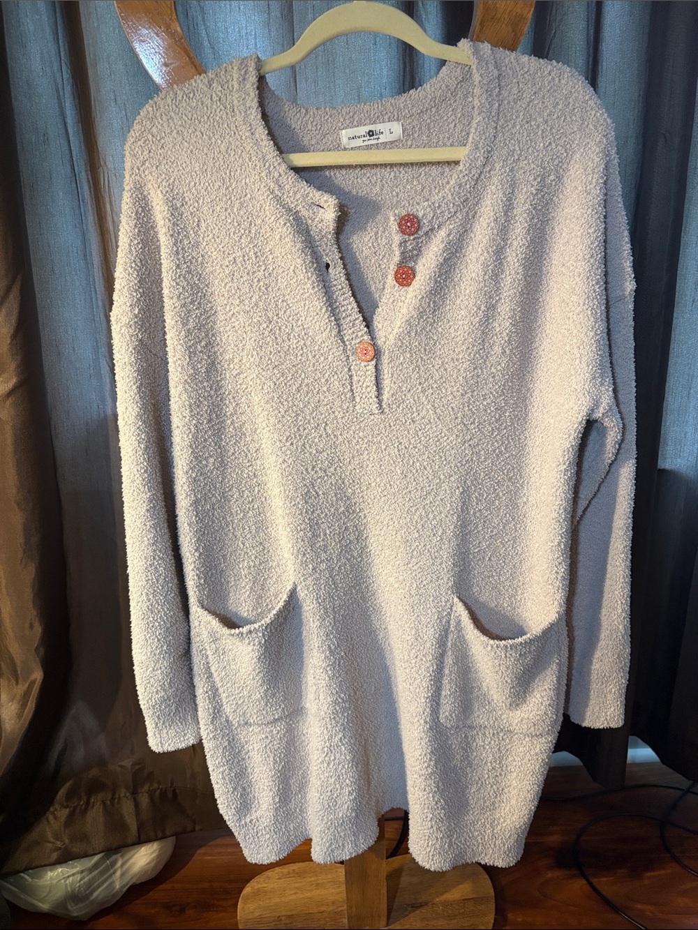 NATURAL LIFE Plush Bouclé Button Tunic dress. in cream Large